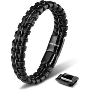 Mens Black Leather Bracelet Braided Adjustable Magnetic Clasp Gift Box